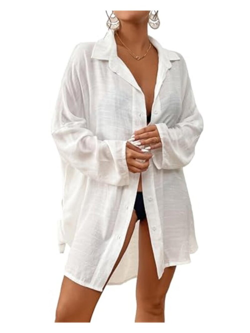 Womens Swimsuit Cover Up Shirt Dress Beach Tunic Button Down Tie Waist Loose Fit